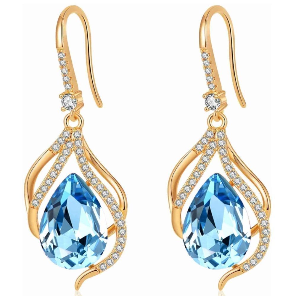 14K Yellow Gold with Aquamarine Blue Austrian Crystal Twisted Teardrop Earrings